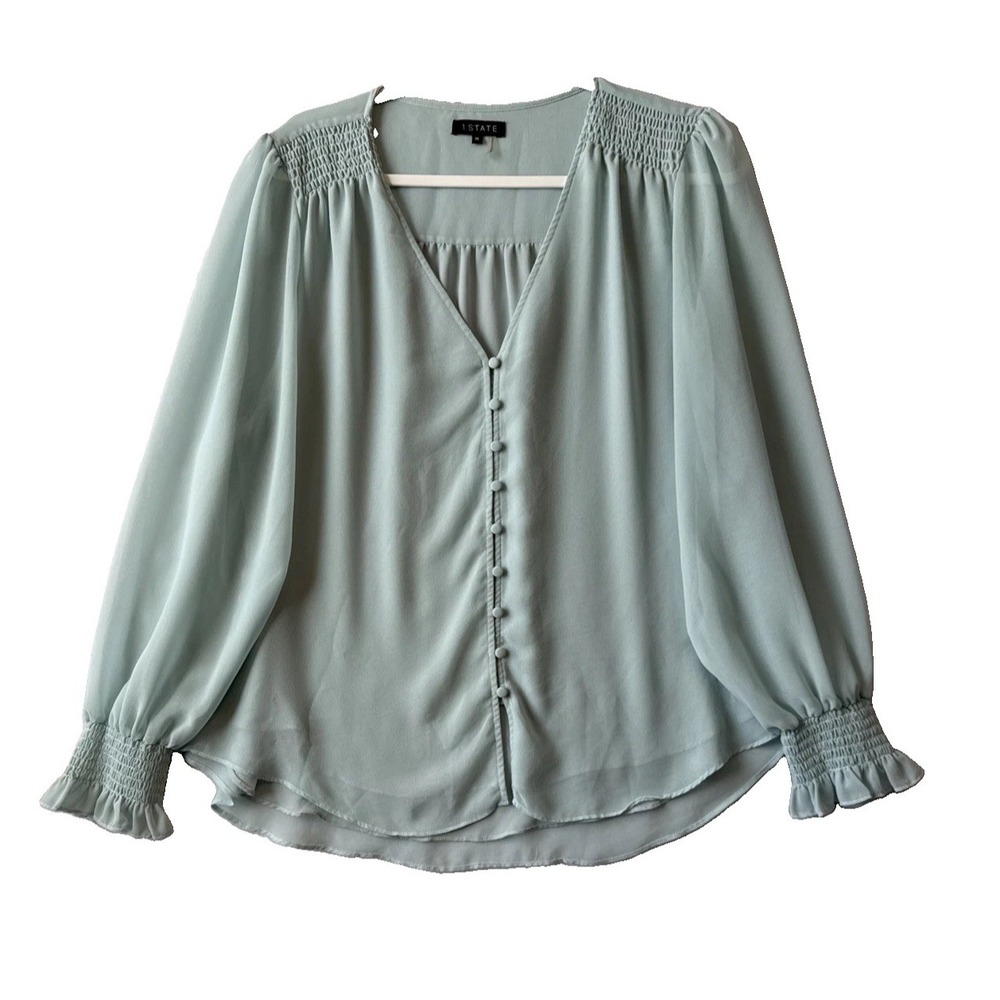 1. State Georgette Smocked Blouson Sleeve Blouse Sheer Flowy Cottagecore M Boho